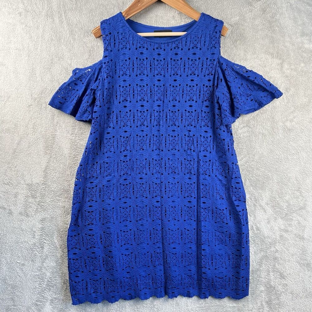 RN Studio Ronnie Nicole Royal Blue Cold Shoulder Dress‎ Womens 14 Eyelet Overlay